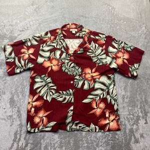 Tommy Bahama Mens Large 100% Silk Red Tropical Floral Monstera Camp Shirt